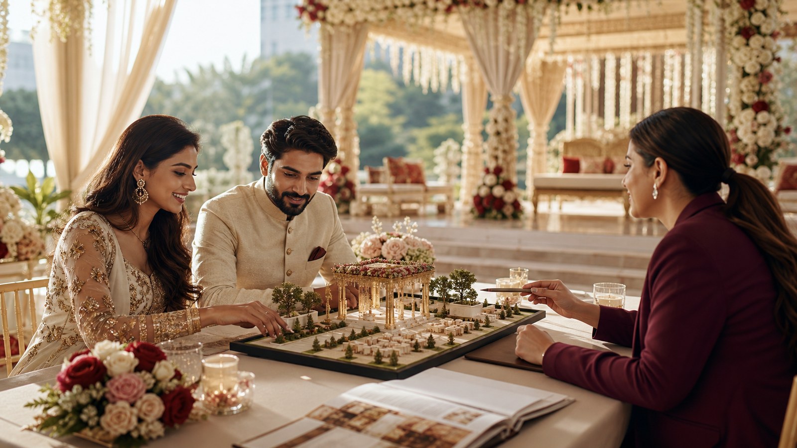 Wedding planning consultation with an elegant Indian wedding planning board in Delhi NCR