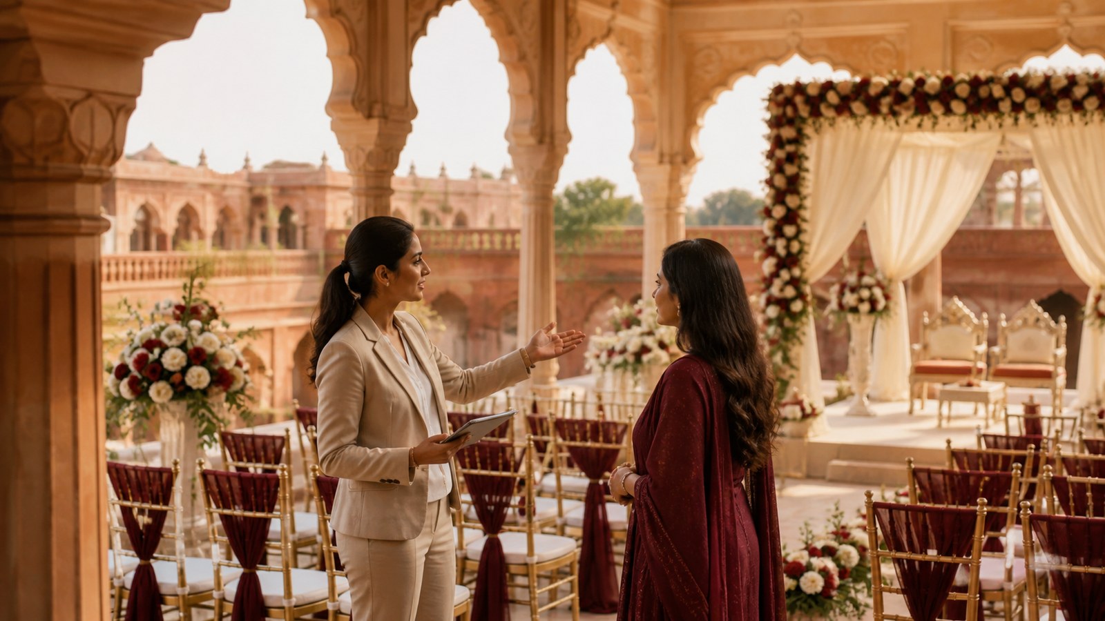 Wedding planning consultation with an elegant Indian wedding planning board for Delhi